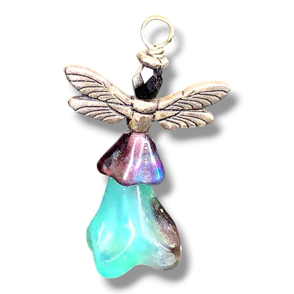 Vintage Handmade Guardian Angel Pendant Silver Blue Religious Faith Gift